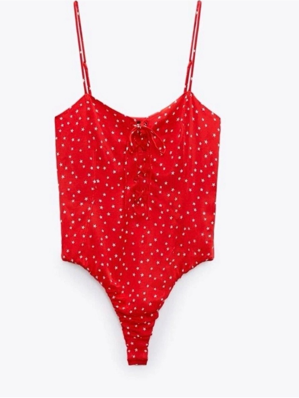 NWT Zara Women's Red Star Print Spaghetti Strap Front Tie Side Zip Bodysuit - S